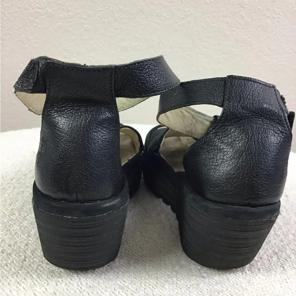 FLY London Perforated Leather Ankle Strap Wedges Sandals Black Size 38 (7.5-8)